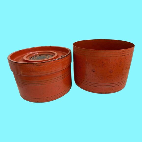 Antique Asian Burmese Red Cinnabar Lacquered Betel Box Hand Crafted & Painted - Picture 2 of 11